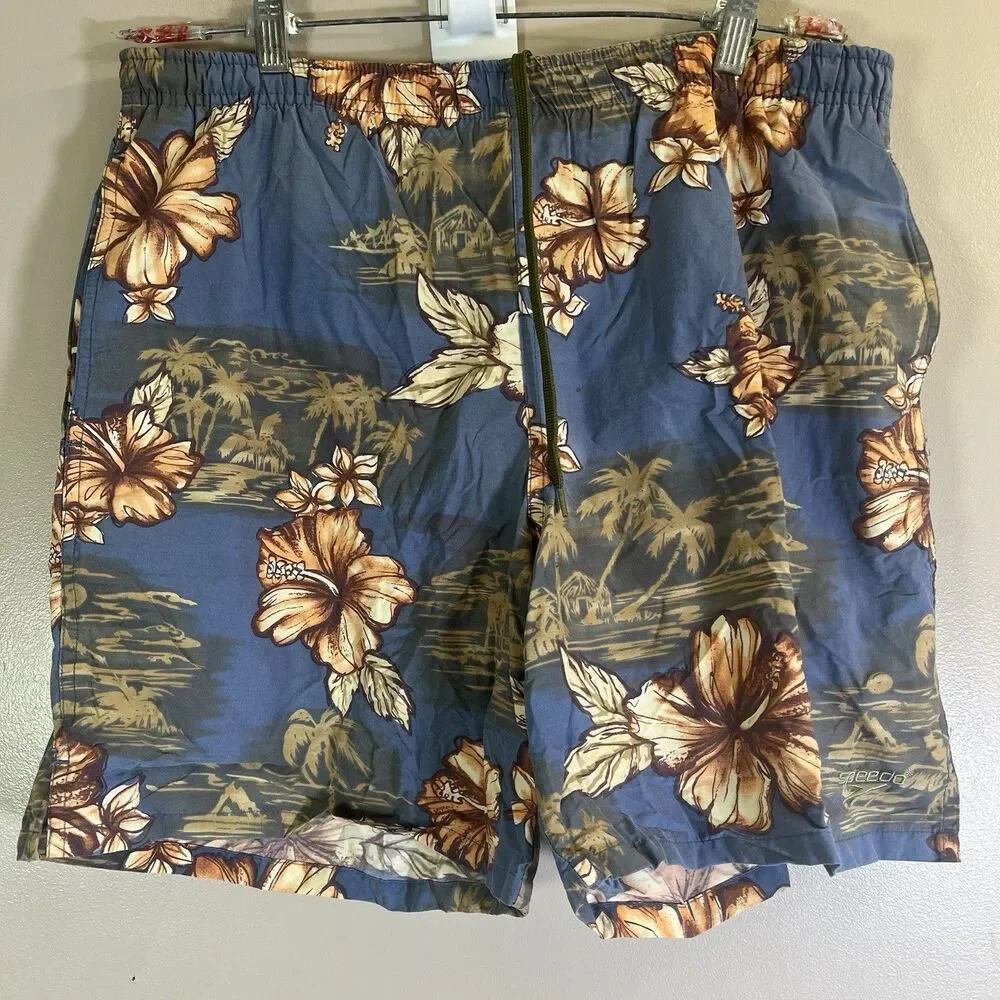 Vtg Speedo Men's Size Medium Swim Shorts Blue Floral String Enclosure Beach